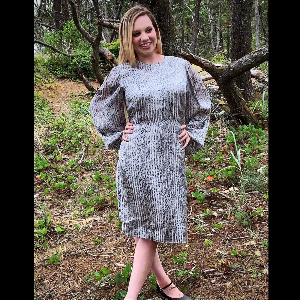 Vtg 80s Silver Ethereal Feather Print Bubble Dress Designer